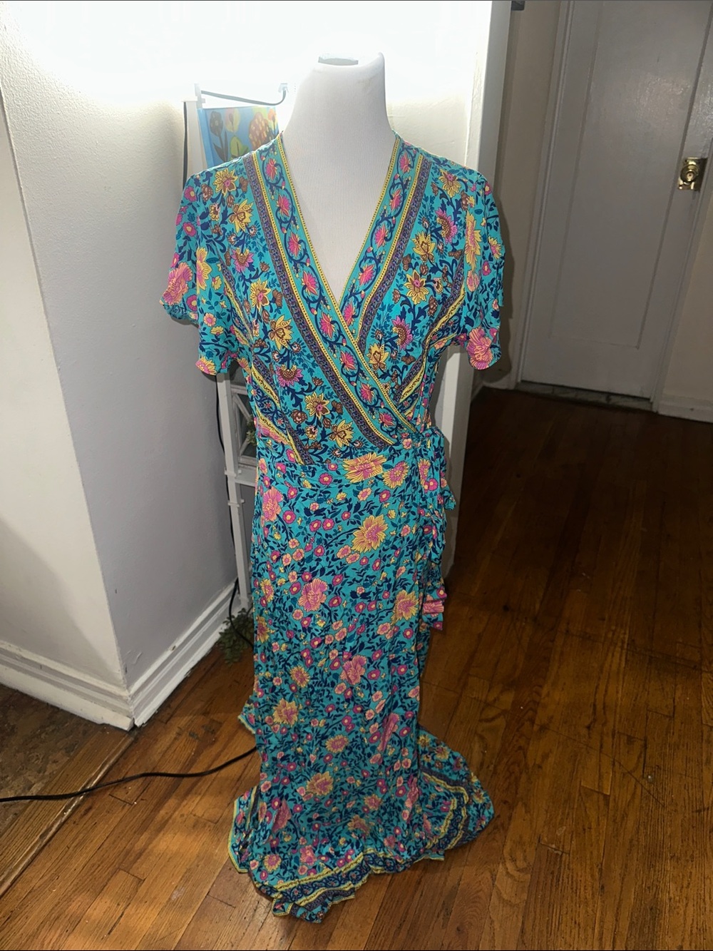Floral Wrap Maxi Dress in Teal with Pink & Yellow Accents